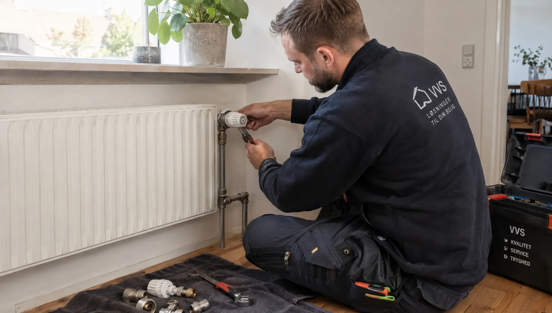 En VVS-montør kontrollerer en radiatorventil, et eksempel på arbejde afregnet efter vvs timeløn.